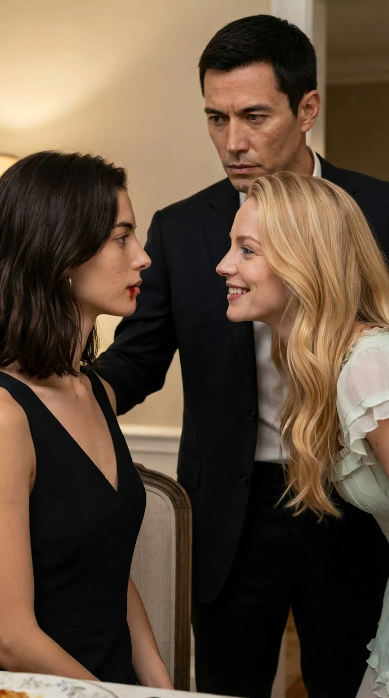 The blonde woman smiles sweetly and speaks close to the dark-haired woman's face.