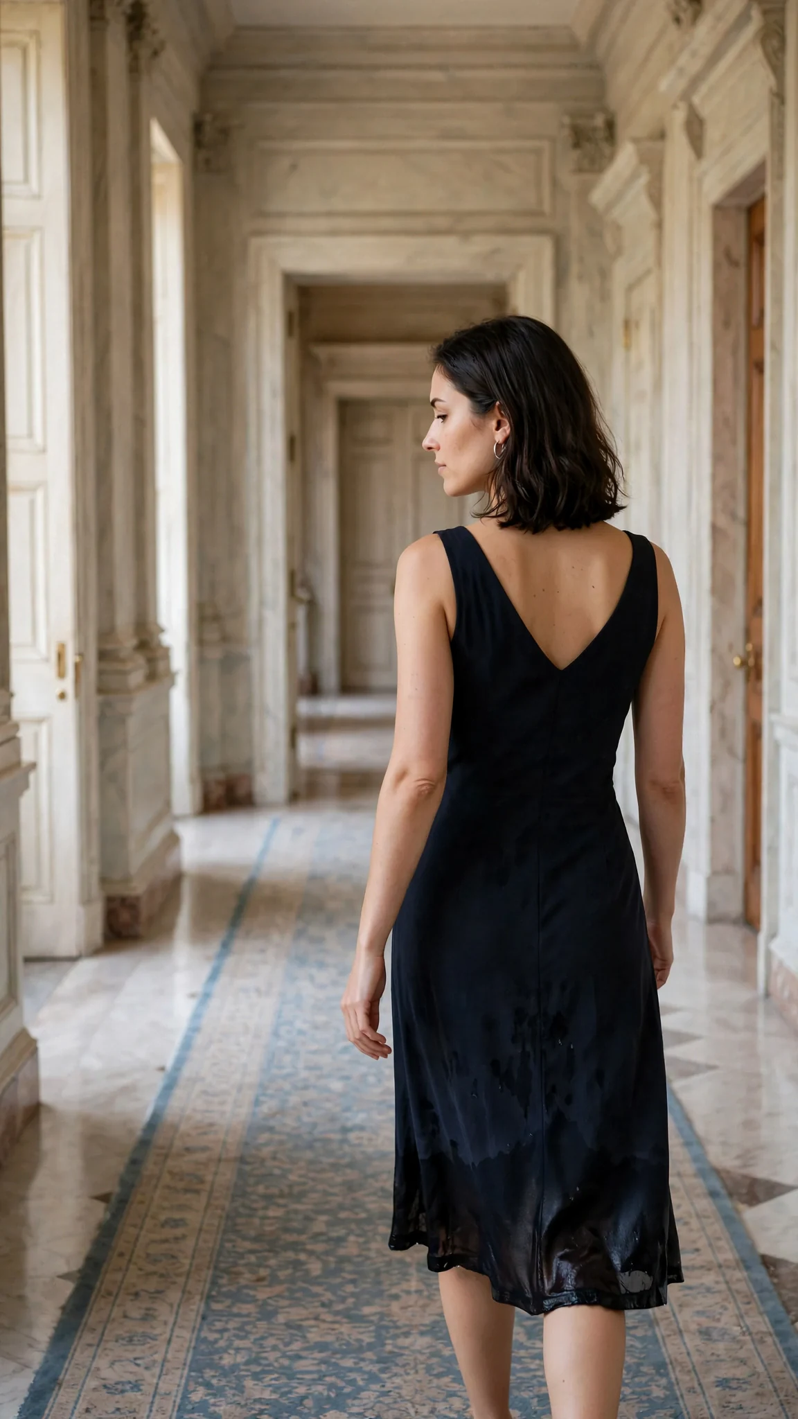 The dark-haired woman walks away down a long marble hall, her ruined dress trailing behind her.