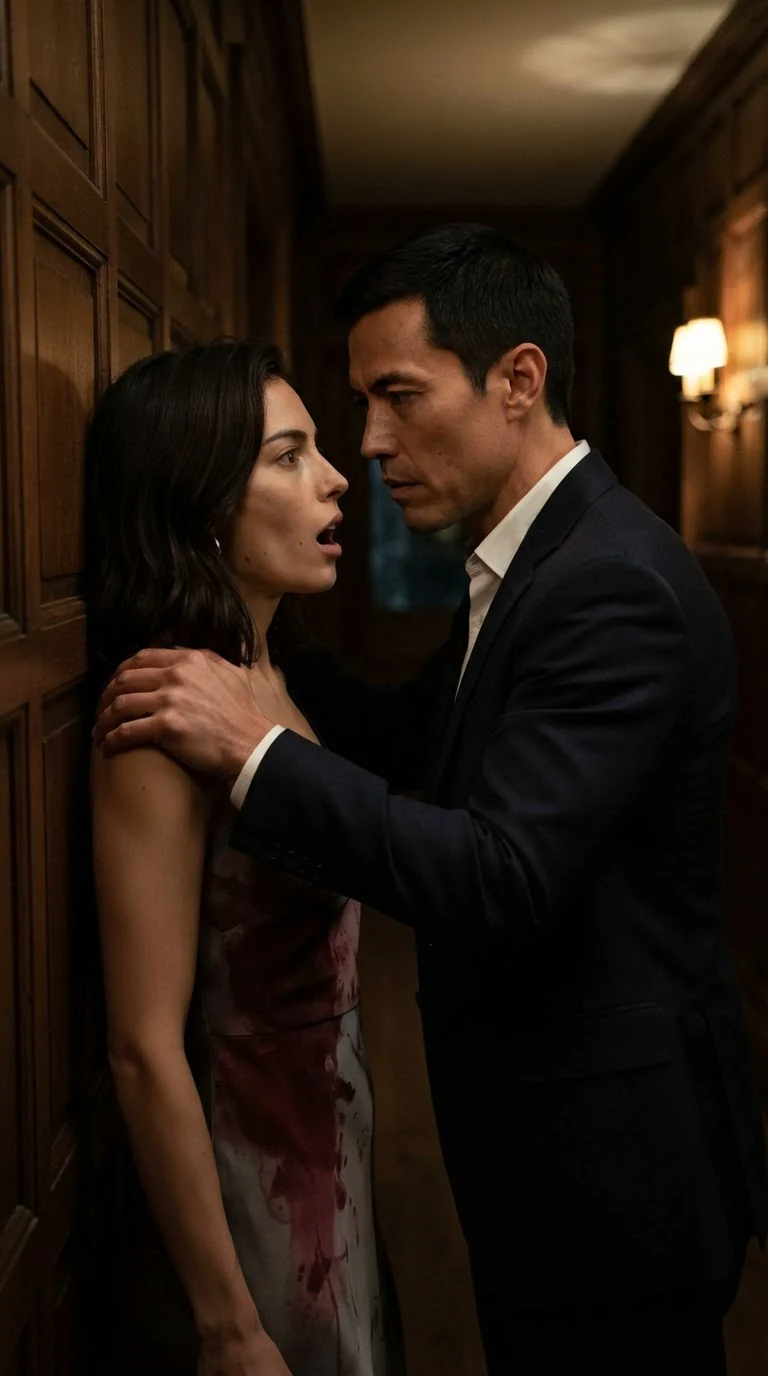 The tall man catches the dark-haired woman in the hallway and pushes her back against the paneled wall.