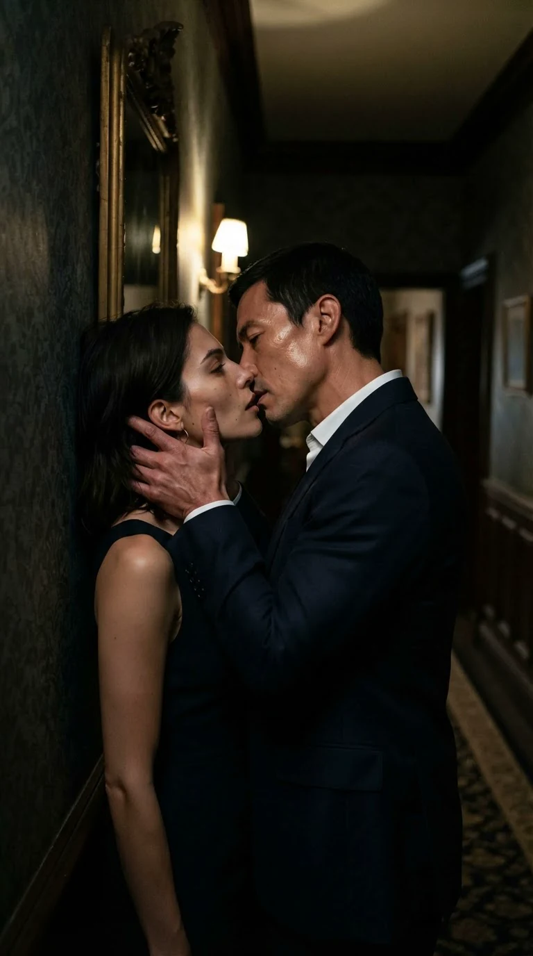The man kisses the dark-haired woman against the hallway wall, her fingers sliding into his hair.