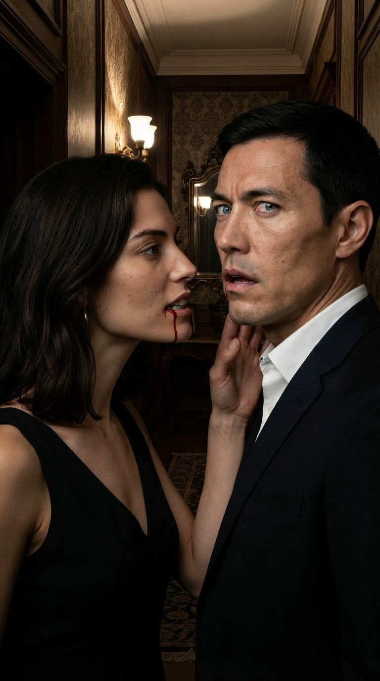 The woman bites the man's lip, and he jerks back with blood on his mouth.