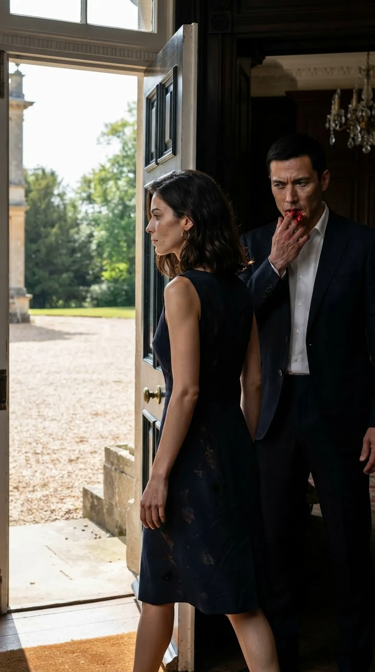 The dark-haired woman walks out of the mansion's front door, and the man stands behind her touching his bloody mouth.