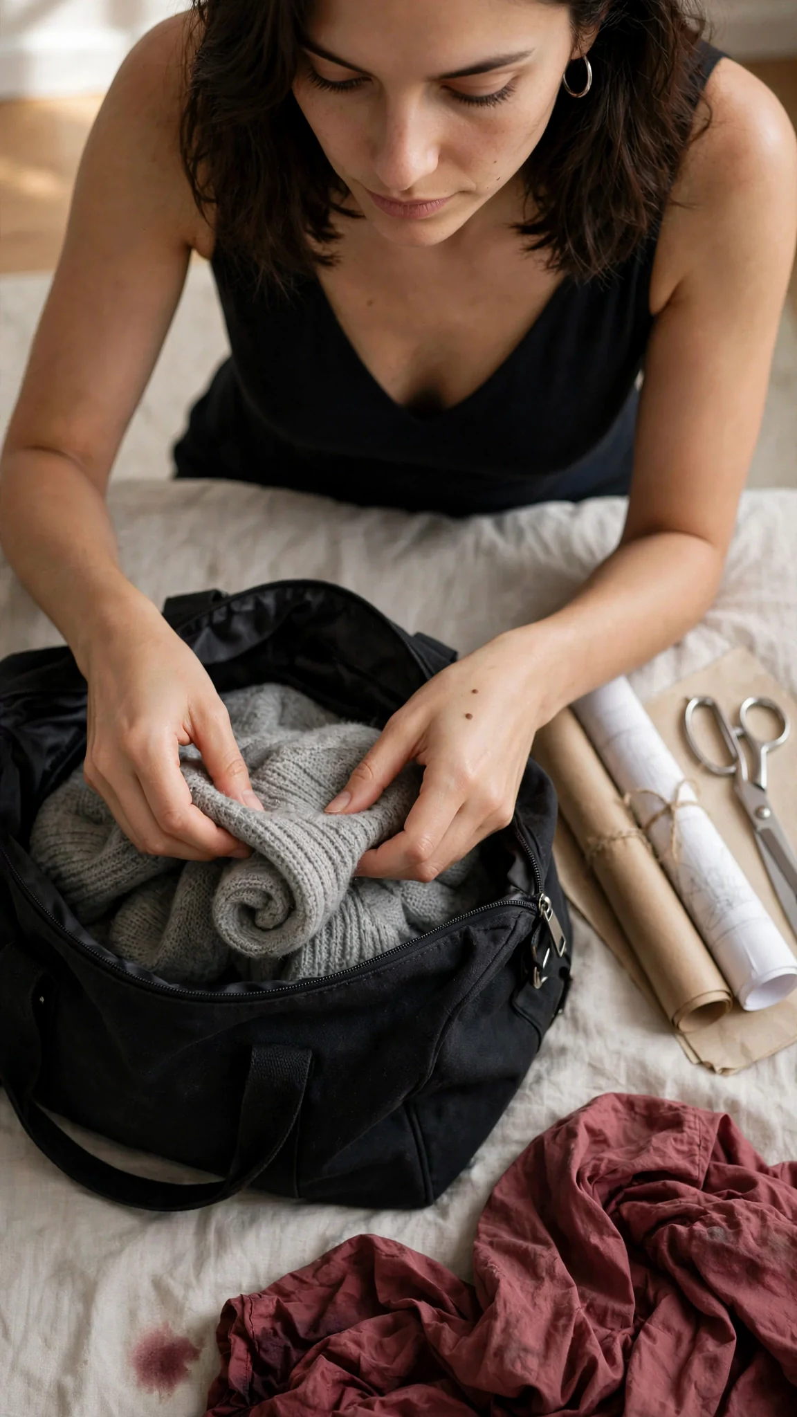 Close on Wren's hands folding clothes and rolling sketches into a duffel bag.