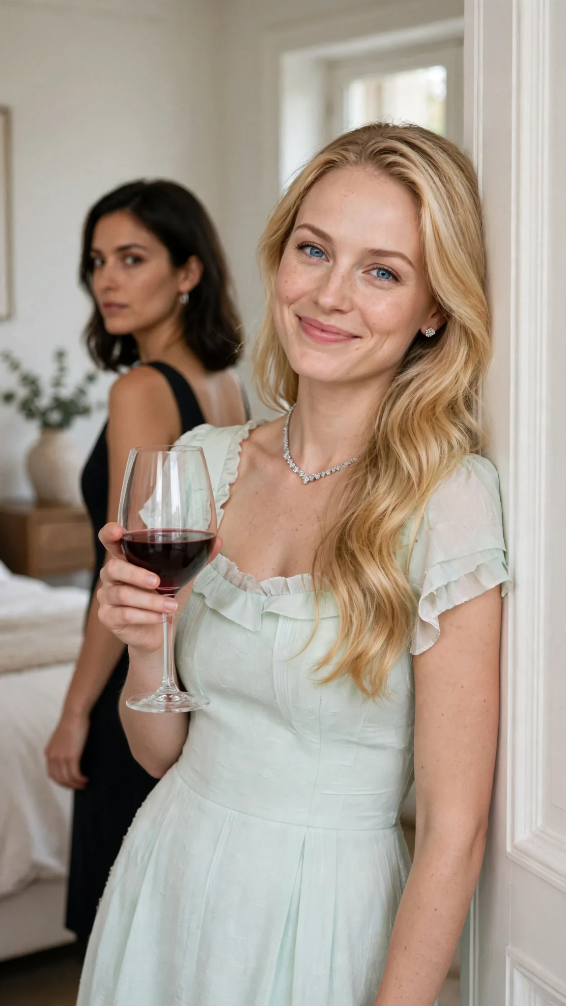 Brynn leans in the bedroom doorway with a wine glass, smirking at Wren.