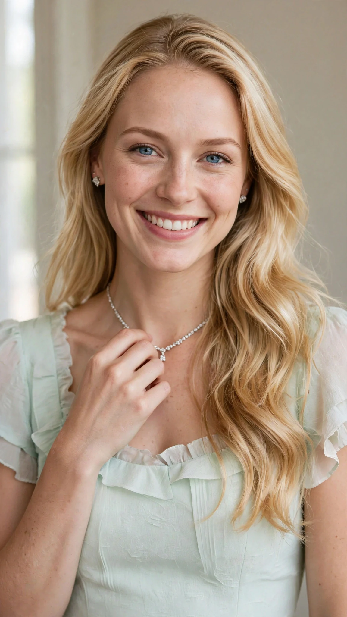 Close on Brynn's smug face, her fingers at the diamonds on her throat.