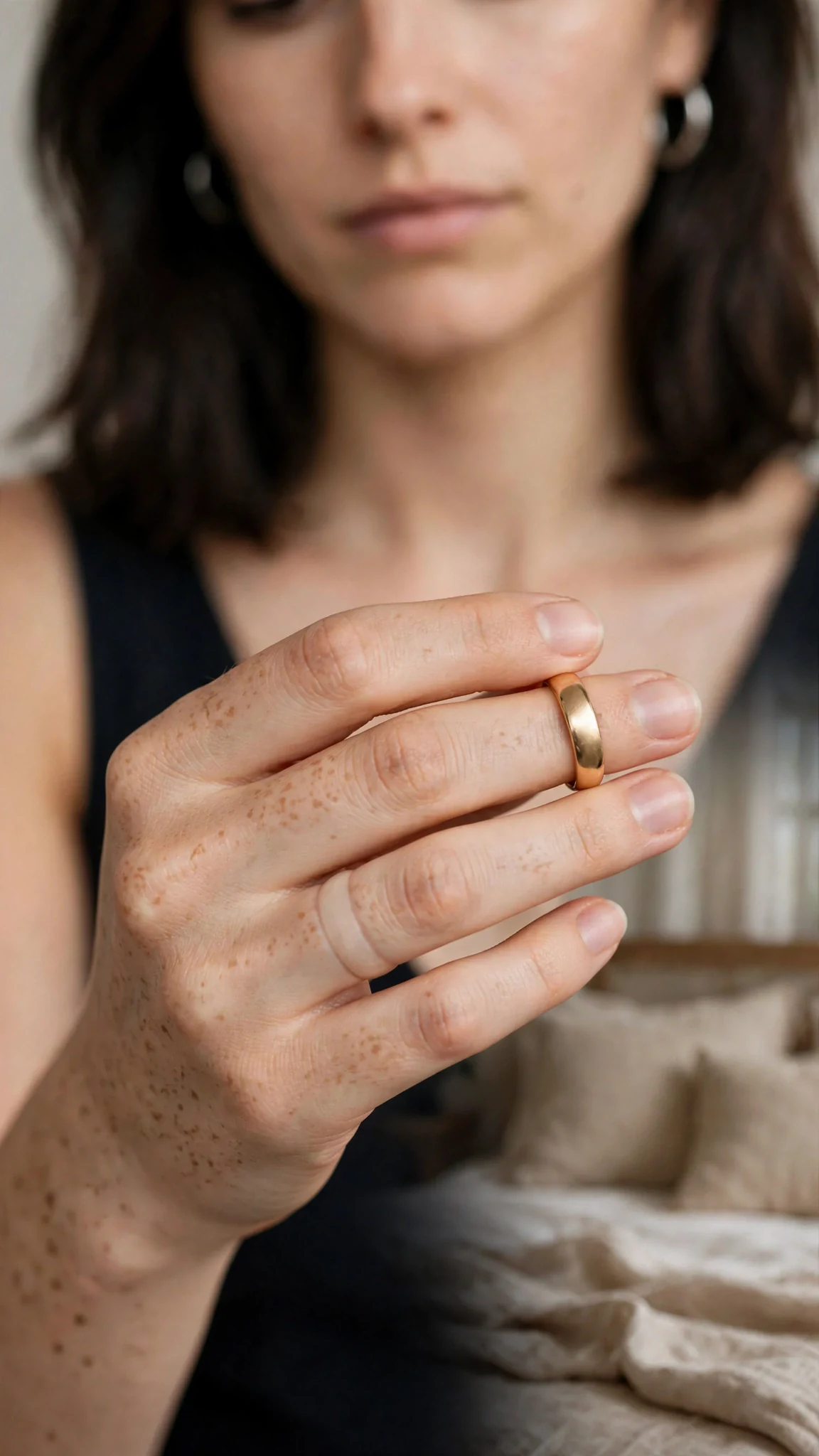 Close on Wren's hand as she twists her wedding ring off, a pale band left on her skin.
