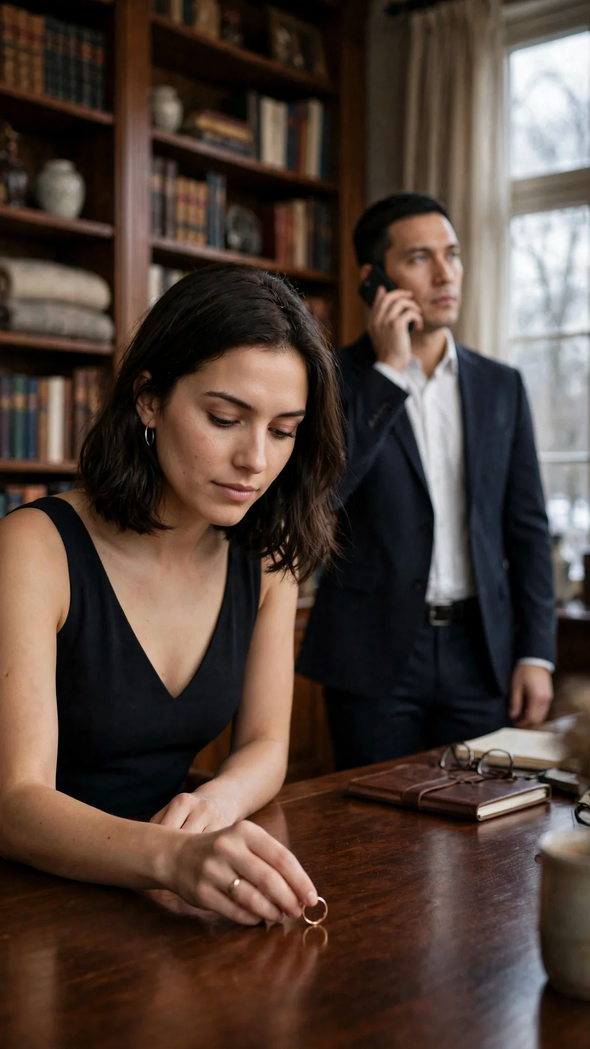 Wren sets the gold ring down on Cade's dark wooden desk while he holds a phone to his ear.