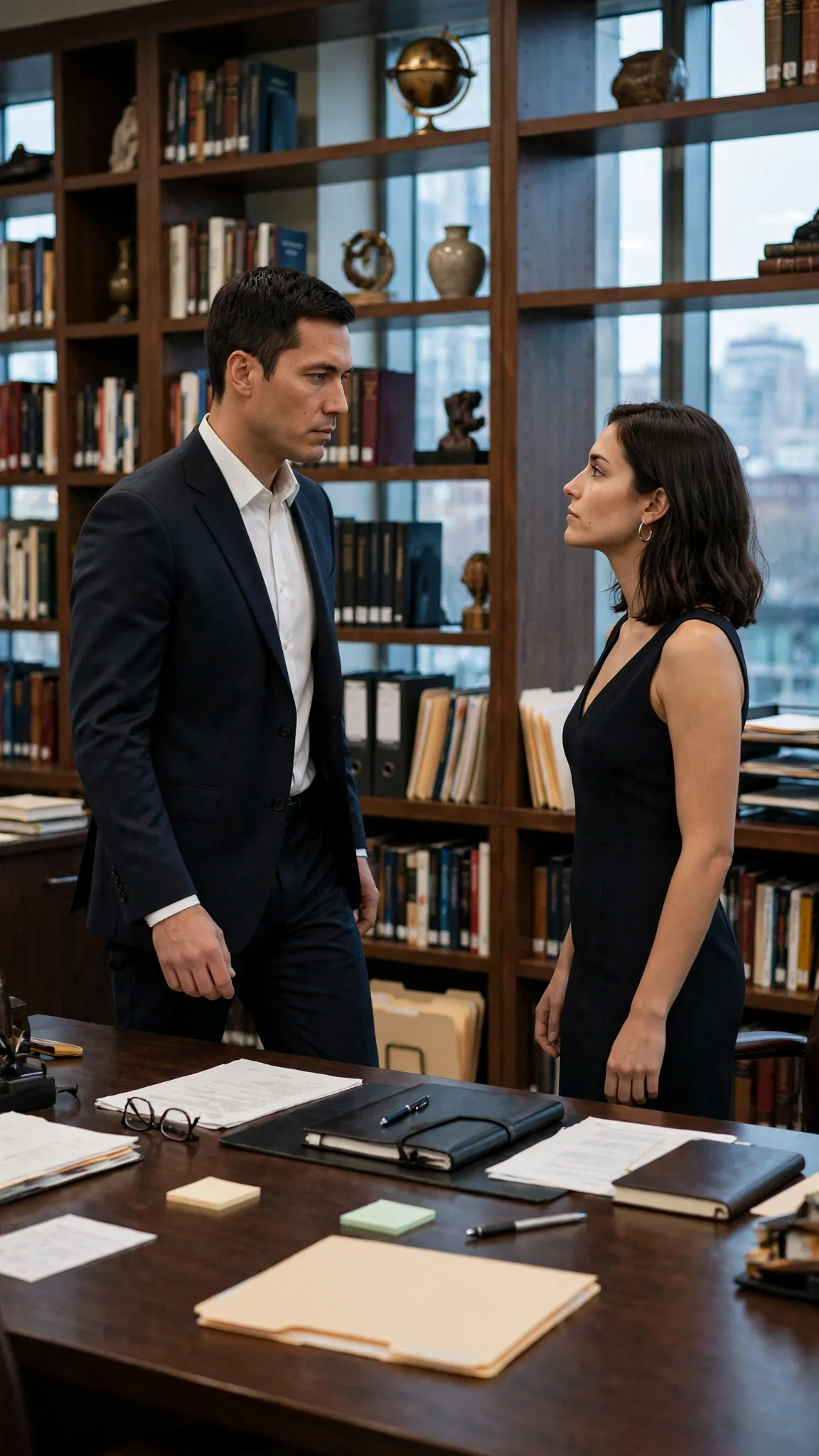 Cade walks around his desk toward Wren, who does not step back.
