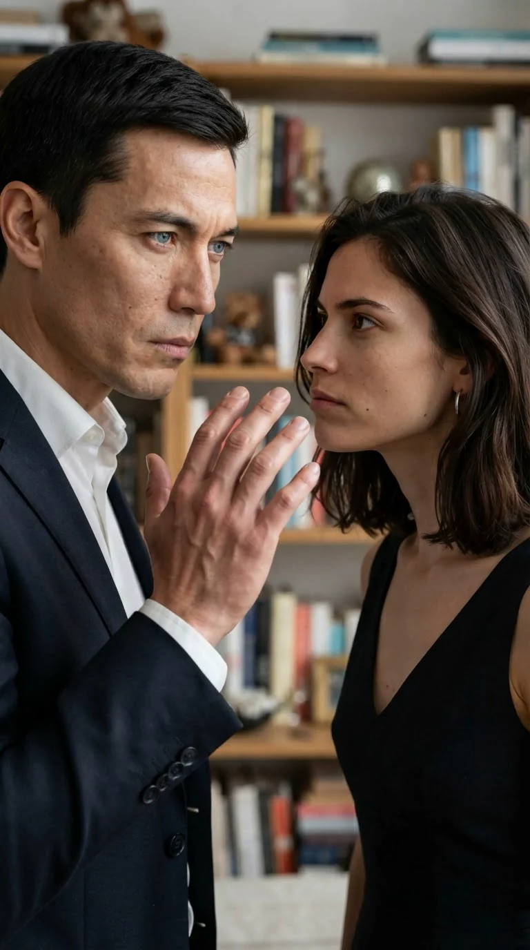 Close two-shot of Cade standing very near Wren, his hand lifted near her face, her eyes wide and angry.