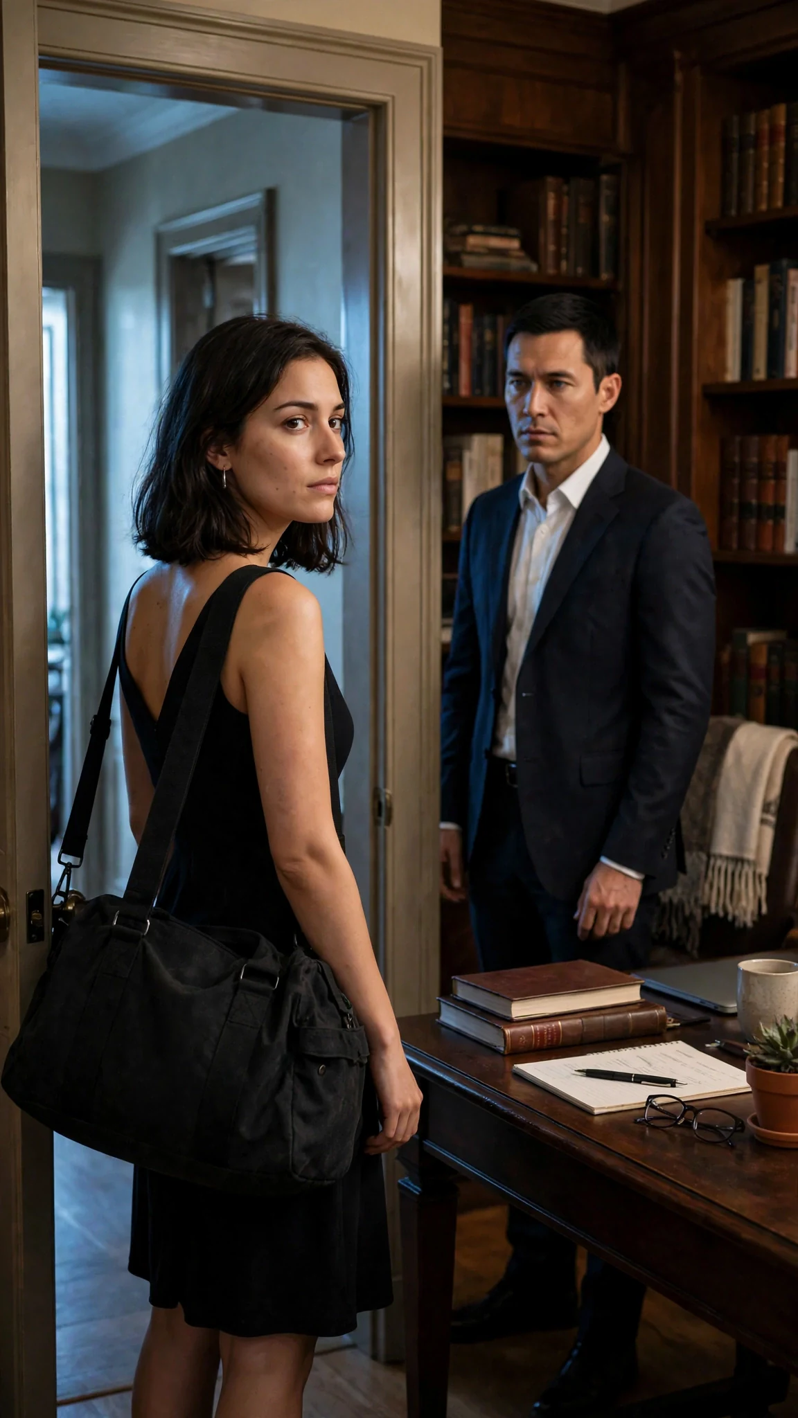 Wren picks up her bag in the study doorway, looking back at Cade once.