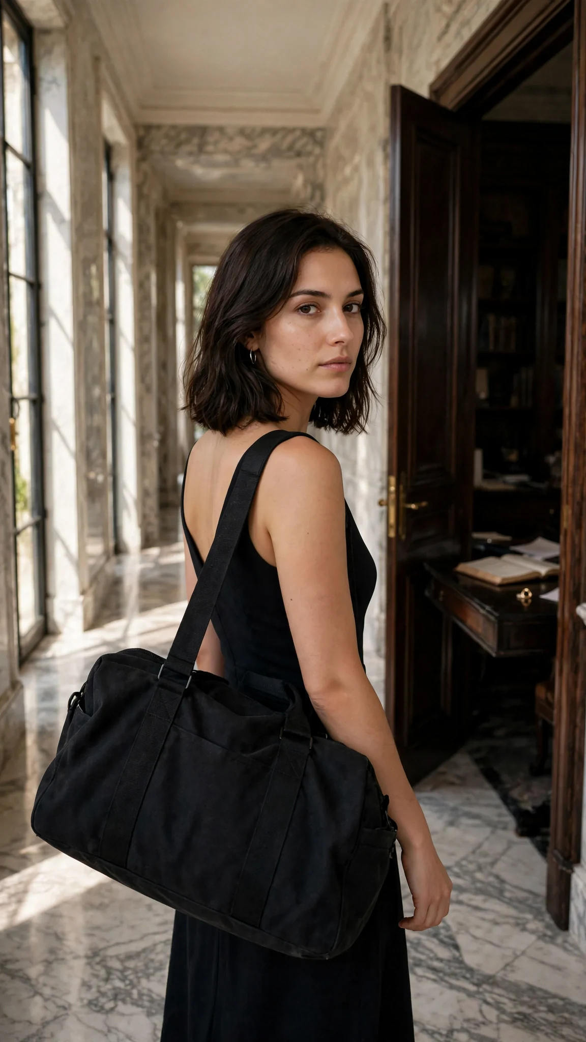 Wren walks down the mansion hallway with her duffel bag, the gold ring left on the desk behind her.