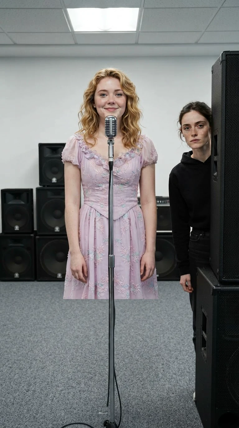 Cleo stands at the microphone in a rehearsal studio while Daphne watches from behind a big black speaker.