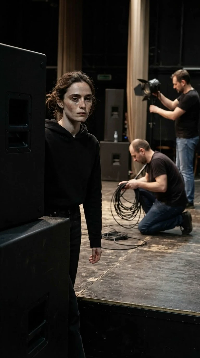 Daphne steps out from behind the speaker, arms loose at her sides, while the crew keeps working.