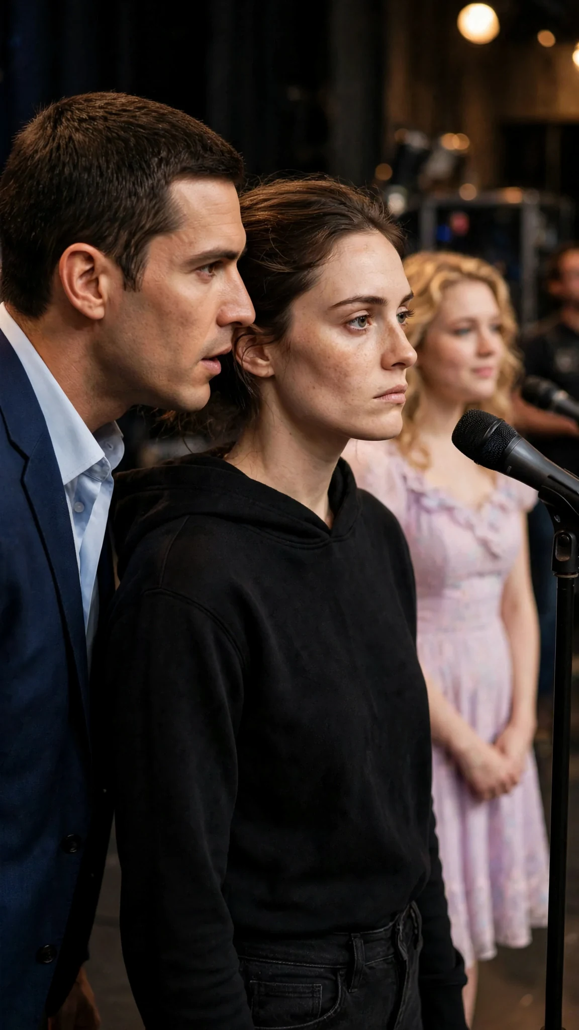 Gil leans close to Daphne, talking loudly, while Cleo waits at the mic.