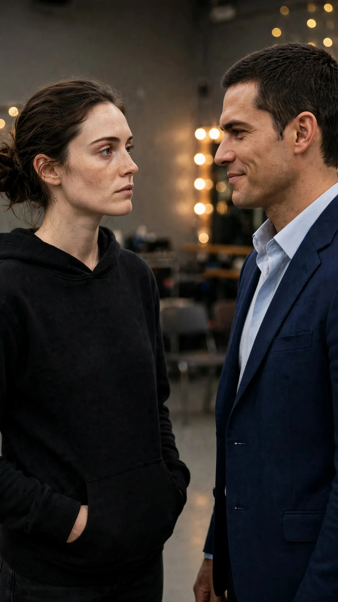 Daphne stares at Gil with her hands in her hoodie pocket.