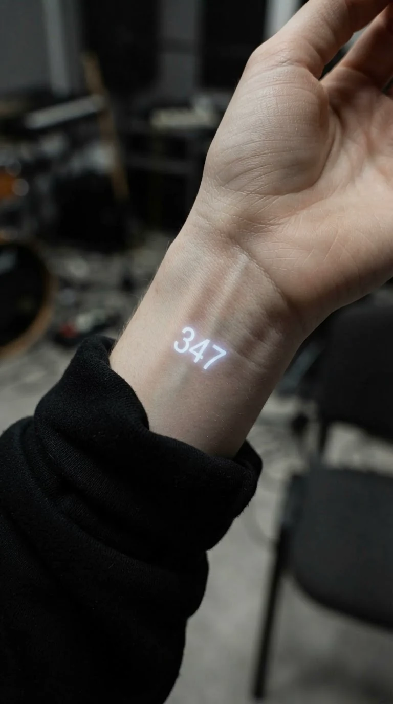 Close view of Daphne's wrist where a small glowing countdown number shows.