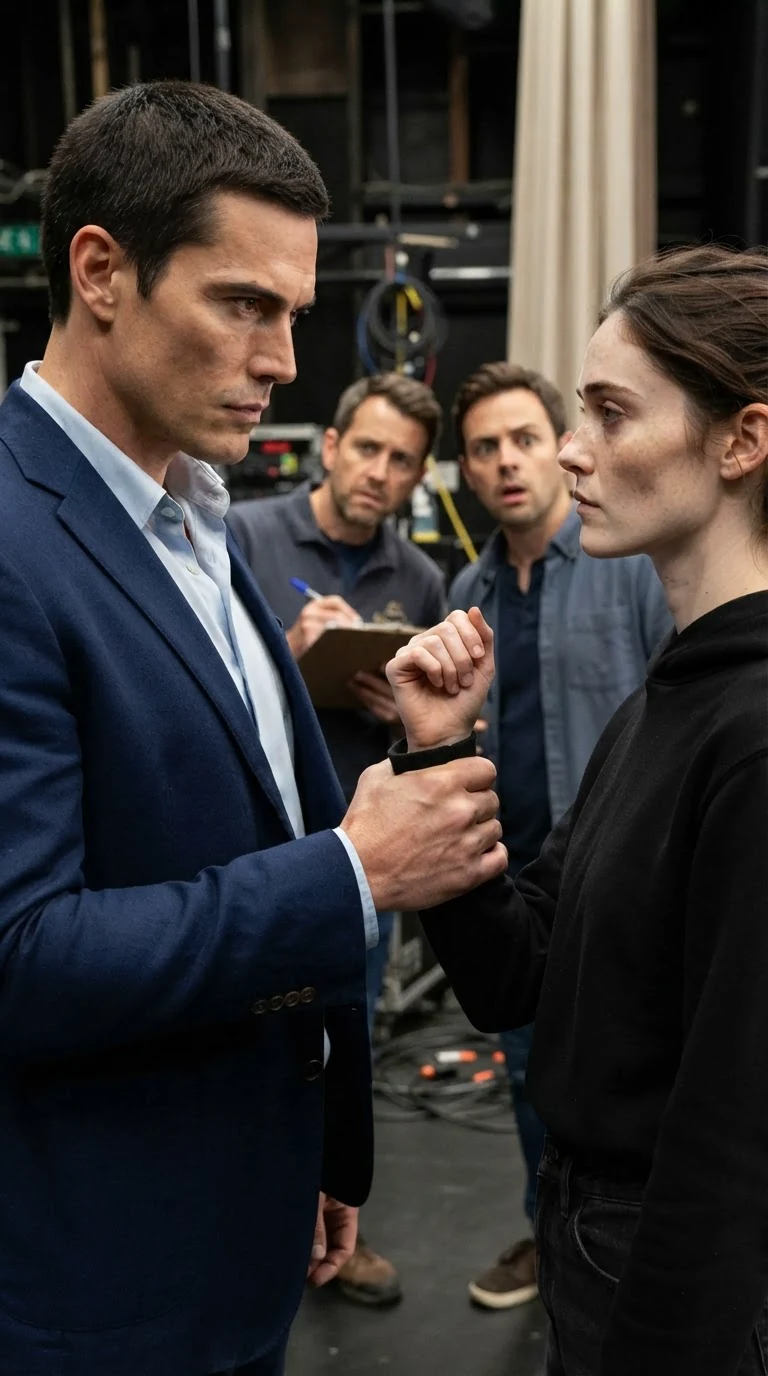 Gil grabs Daphne's wrist while the crew watches.