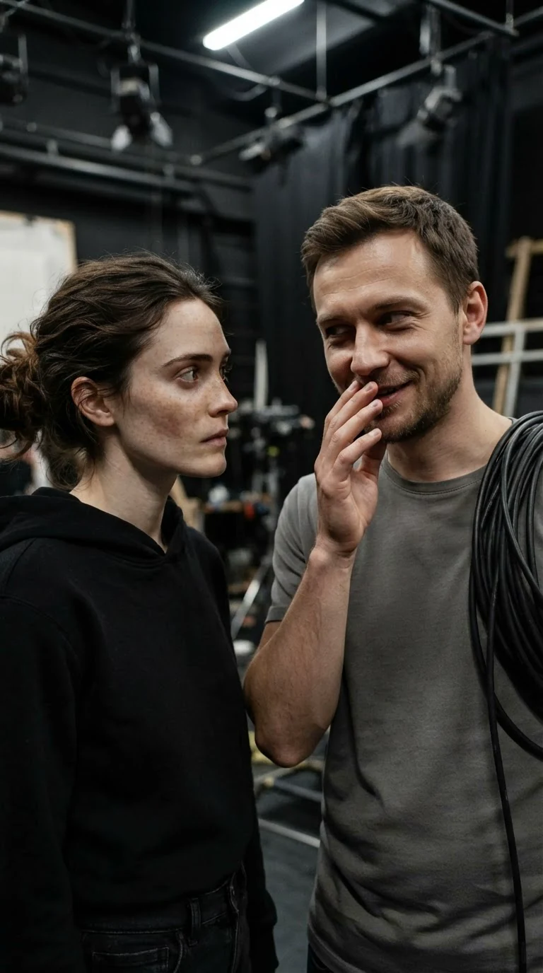 A crew member laughs behind his hand while Daphne looks at him.