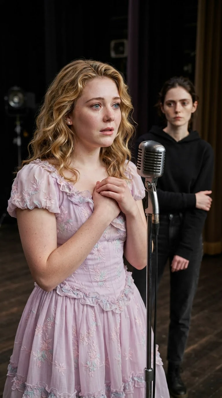 Cleo clasps her hands at the microphone and pouts at Daphne.