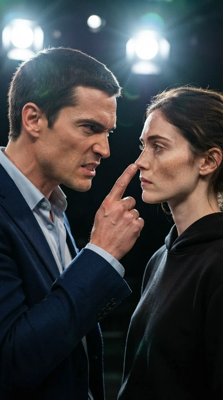 Gil lifts one finger in a warning next to Daphne's face.