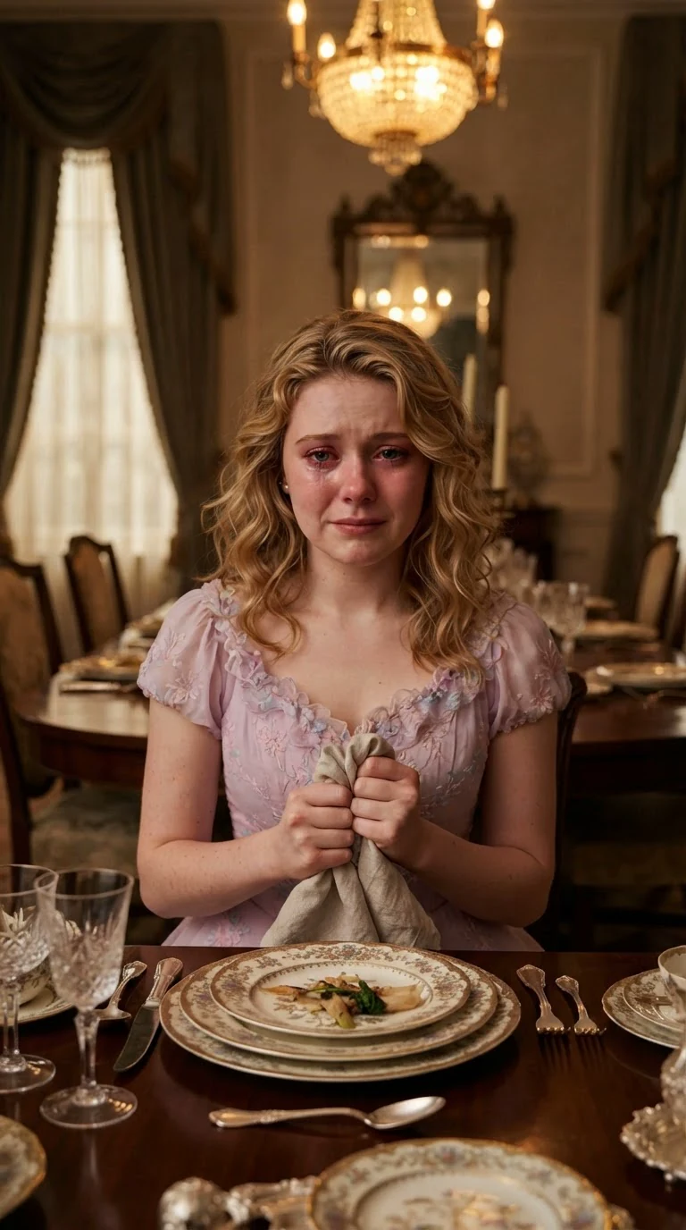 Cleo sits at the head of the table, eyes red from crying.