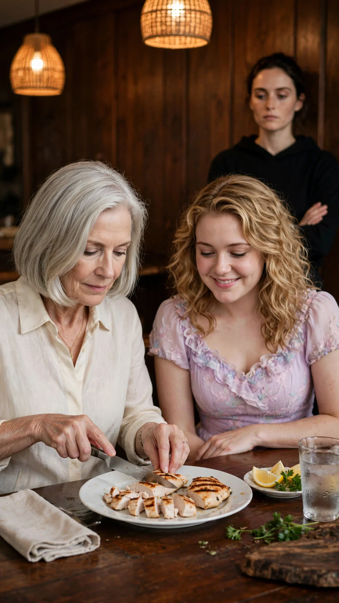 Maura cuts Cleo's food while Daphne stands ignored by the wall.