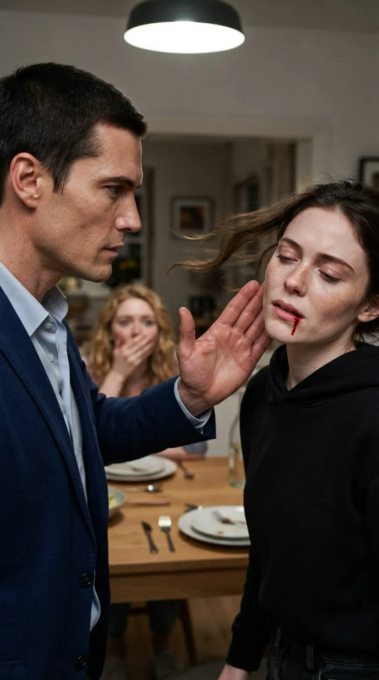 Daphne's head snaps sideways from the slap, lip bleeding.