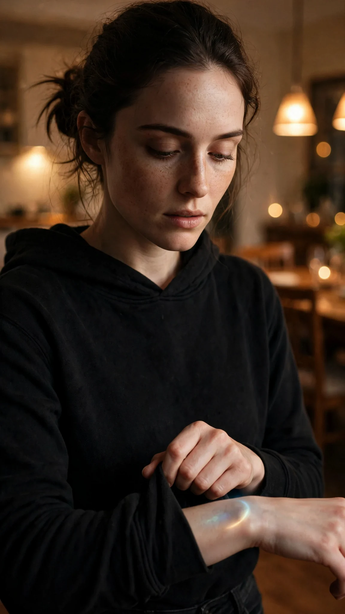 Daphne looks down at her wrist under the hoodie sleeve.