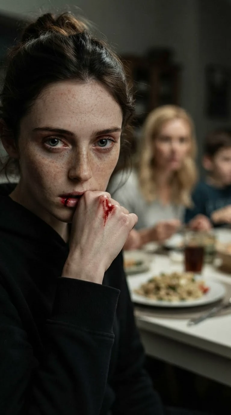 Daphne wipes her bloody lip with the back of her hand.