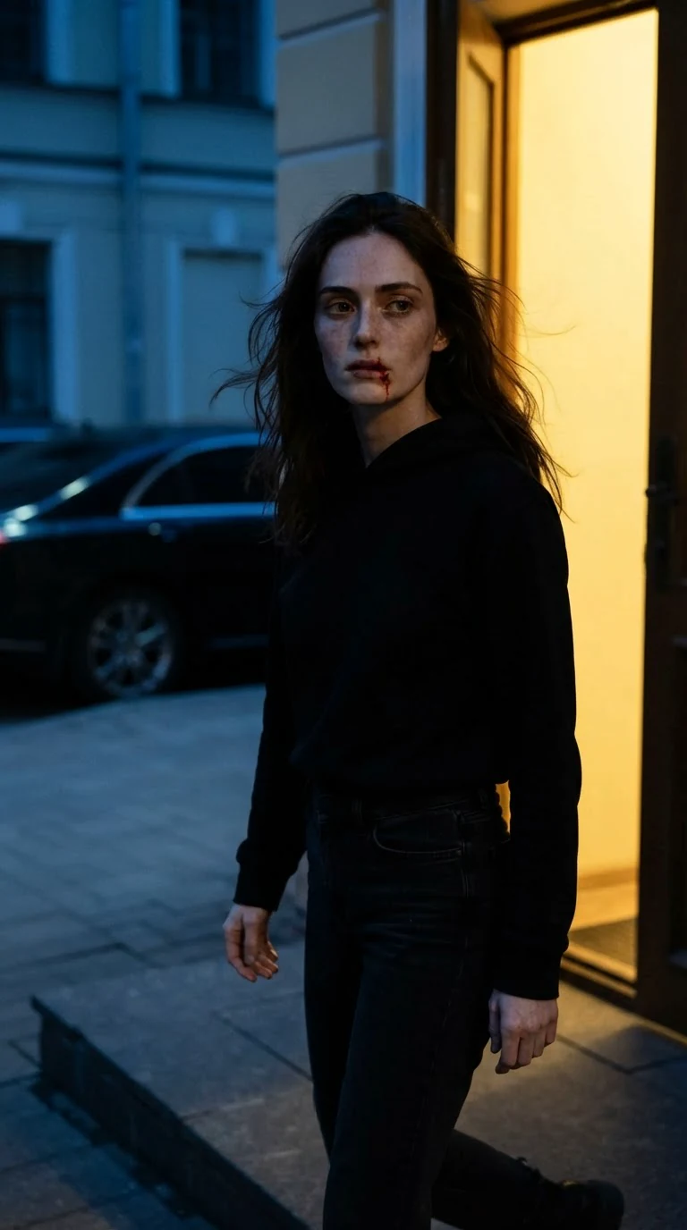 Daphne walks out the front door into the night, lip still bleeding.