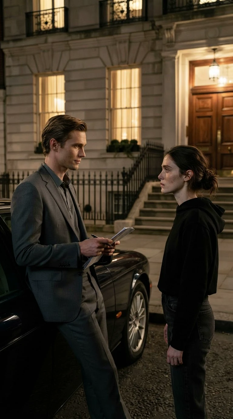 Julian waits by his car outside the Wray house while Daphne stands on the steps with a split lip.