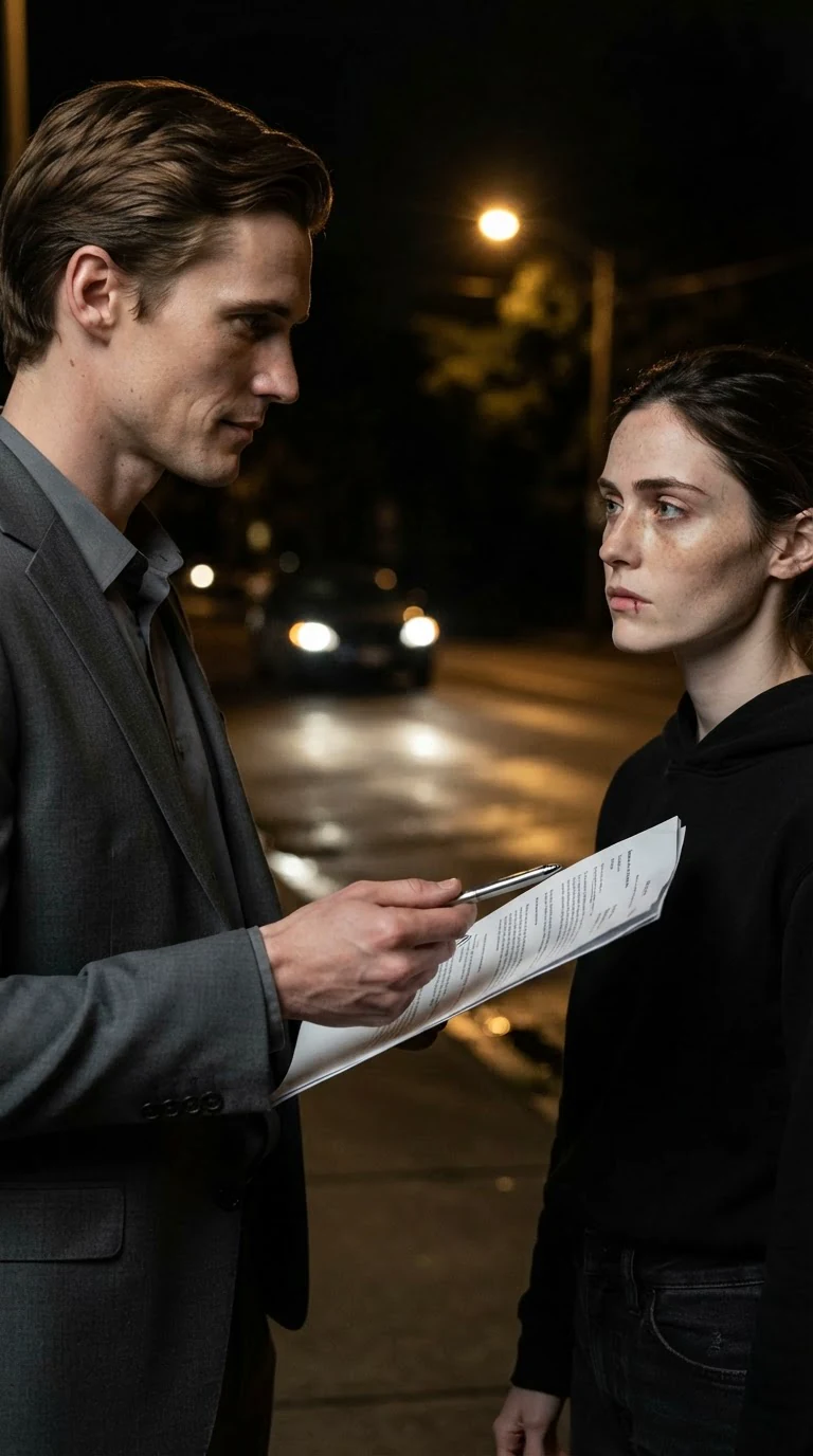 Julian holds out a printed contract and a pen toward Daphne.