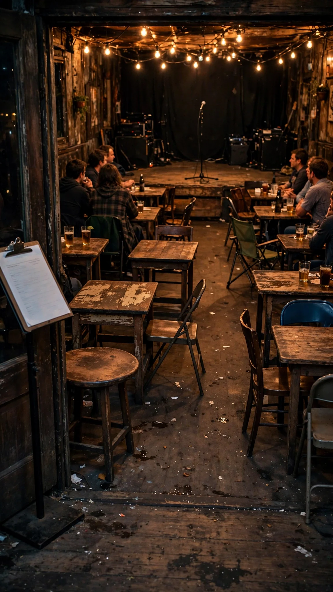 A small club stage with a sign-up sheet by the door.