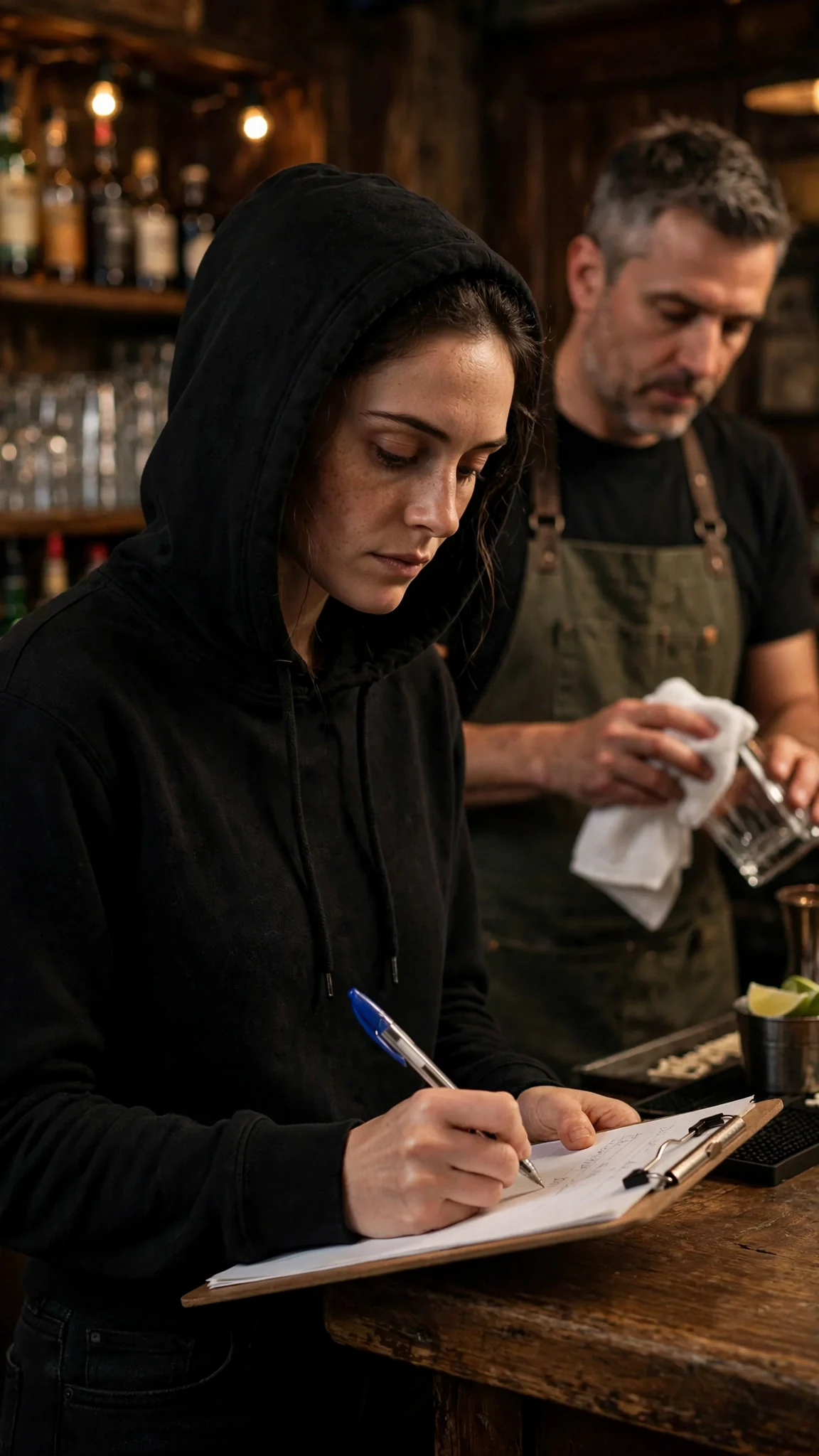 Daphne writes her name on the sign-up sheet with her hood up.