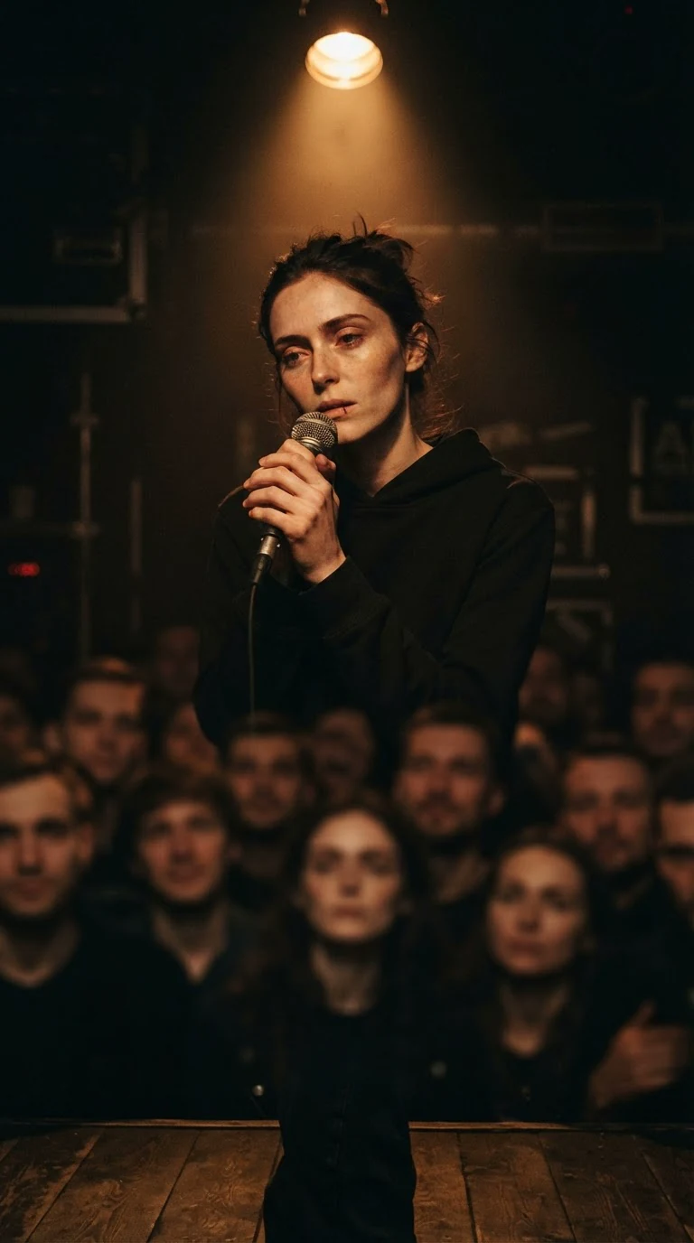 Daphne sings on the small stage, gripping the microphone.