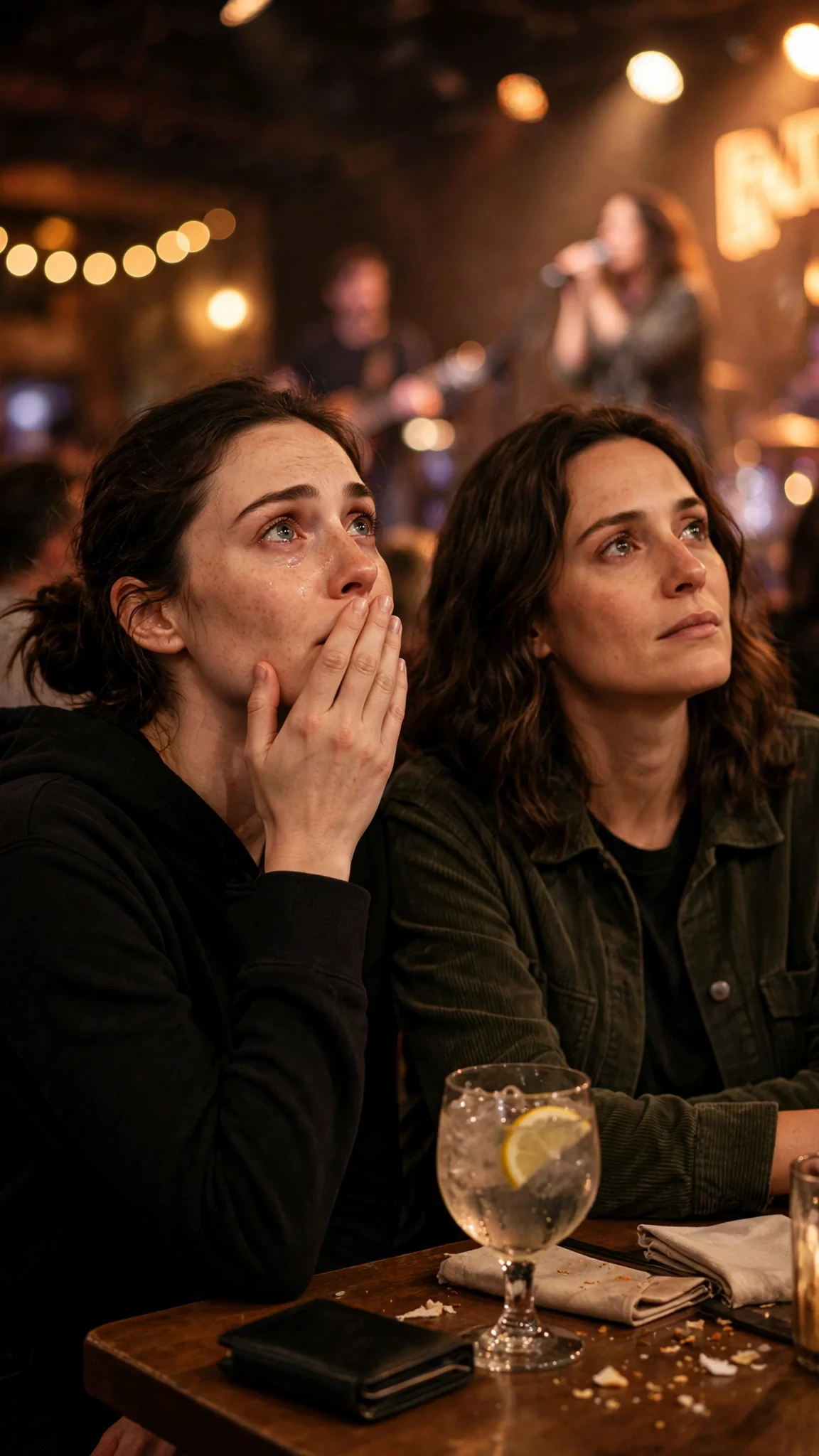 A woman at the front table covers her mouth, eyes wet, as Daphne sings.