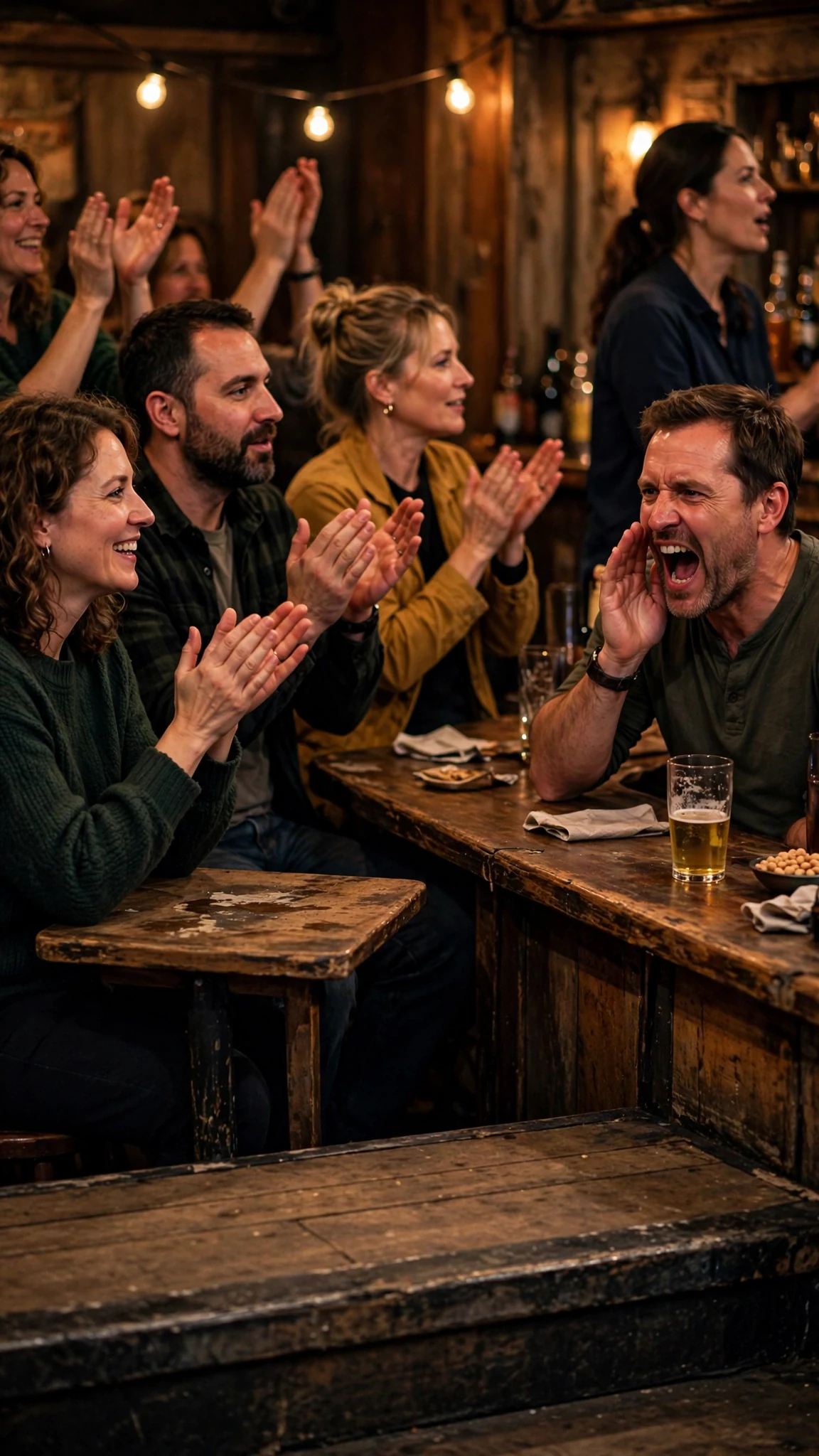 The small crowd claps and a man at the bar cups his hands to shout.