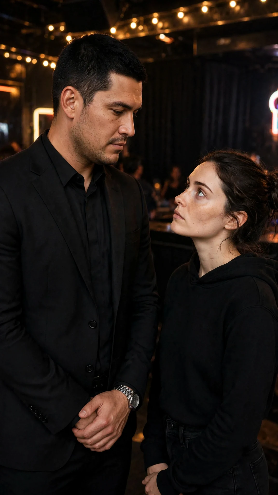 Soren speaks to Daphne at the edge of the club, close but not touching.
