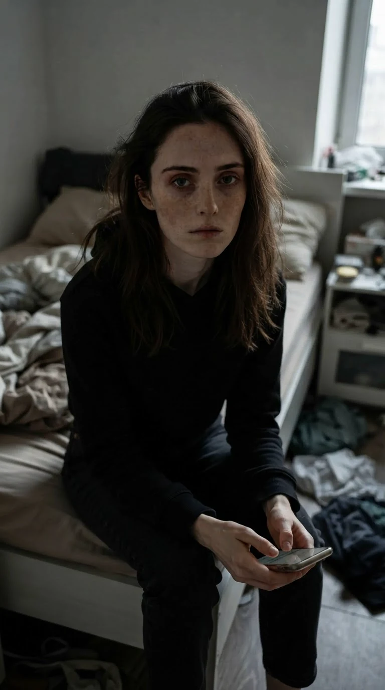 Daphne sits on the edge of her bed in the gray morning light, phone in hand, face tired and grim.