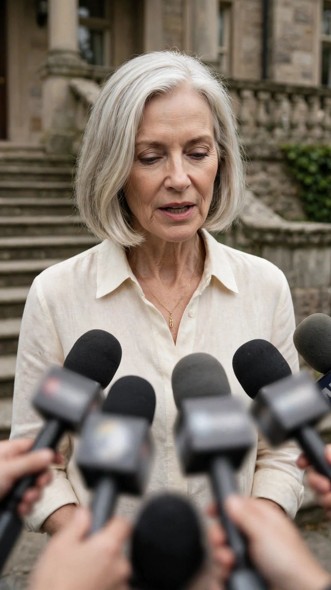 Maura stands on the front steps of a big house, speaking into a row of microphones.