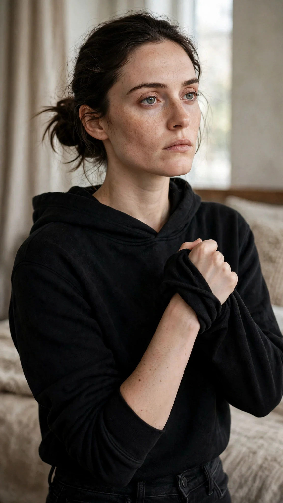 Close on Daphne pushing up her hoodie sleeve, her face stiff and cold.