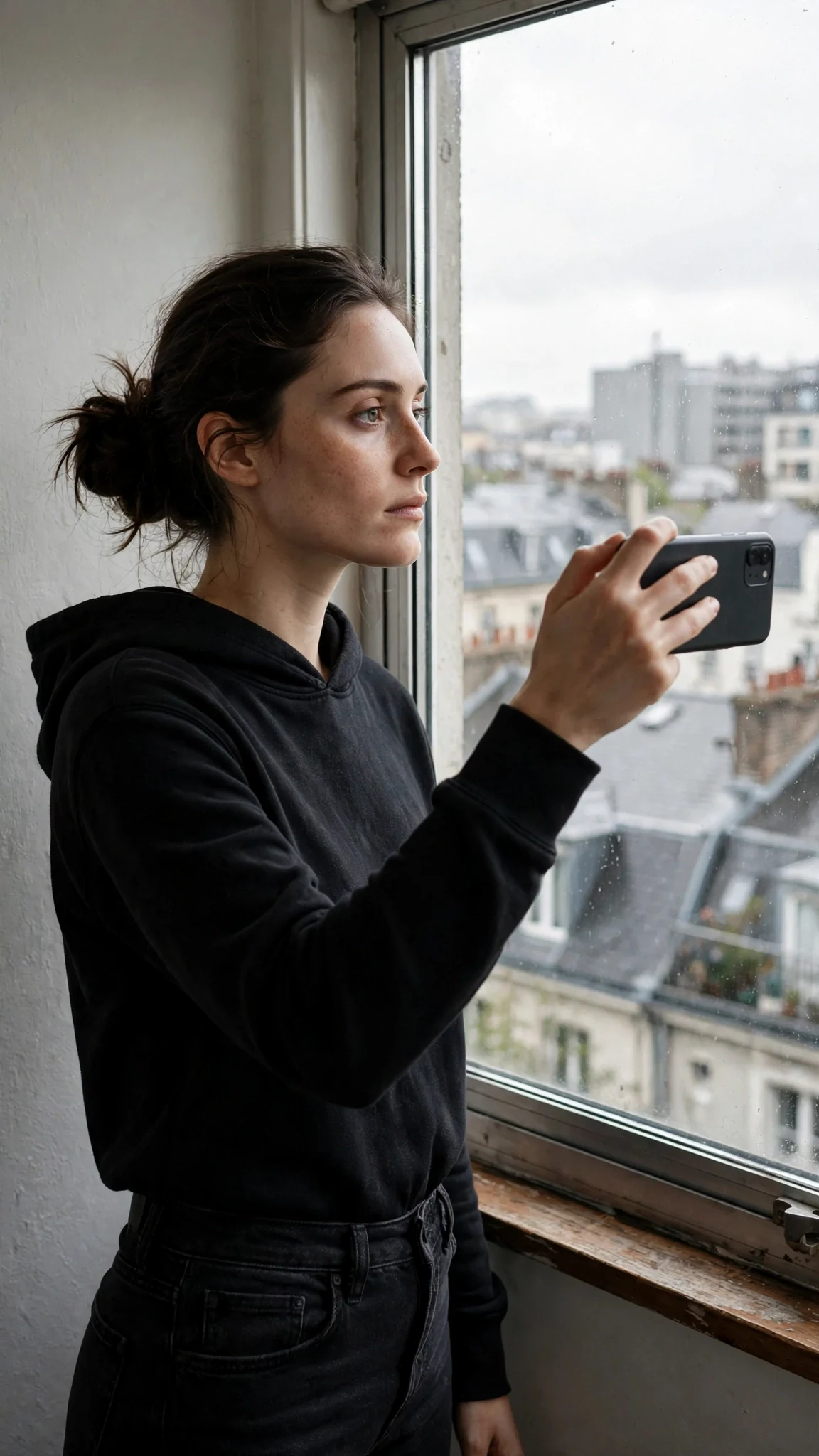 Daphne stands at her window holding her phone out, city rooftops behind her.
