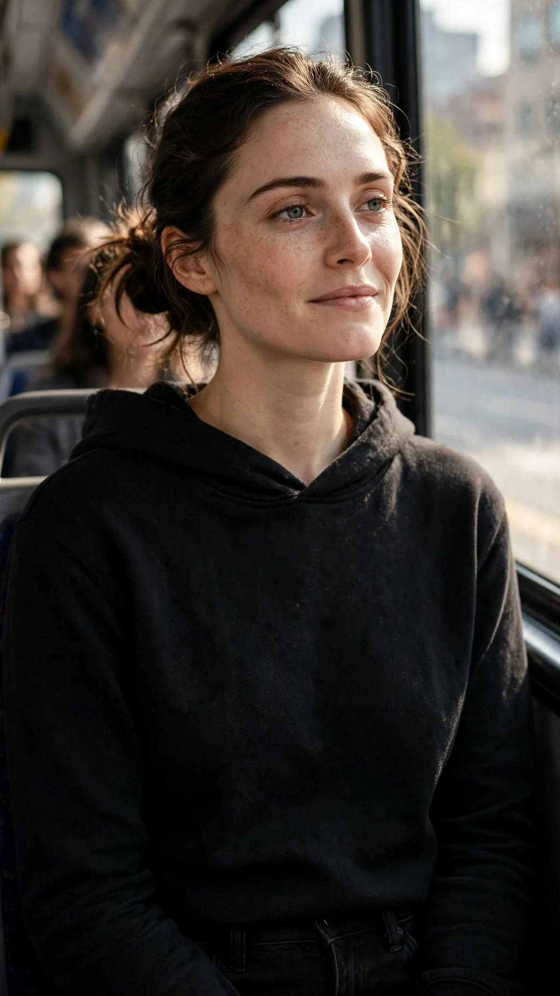 Daphne rides a city bus in her hoodie, light sliding across her determined face.