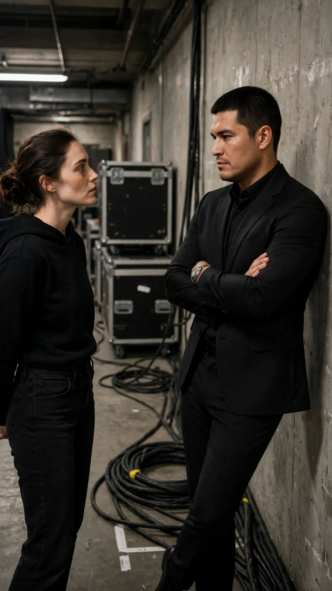 Soren leans against the wall of a backstage hallway as Daphne walks up to him.