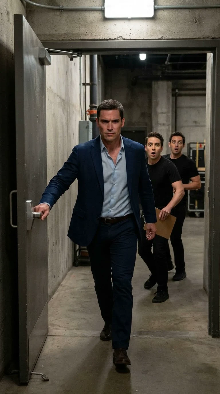 Gil storms through the hallway door, red-faced, crew turning to look.