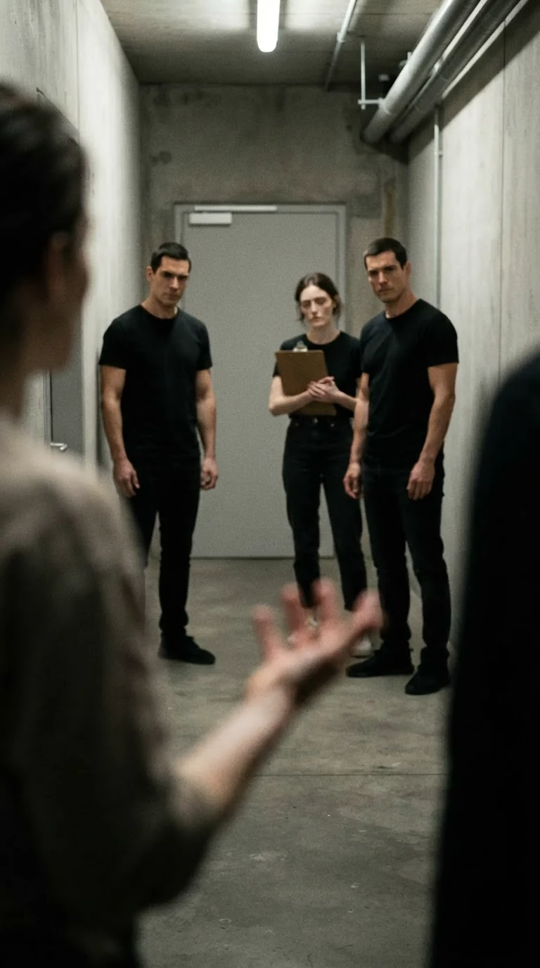 Two stagehands and a woman with a clipboard stare at the floor, embarrassed.