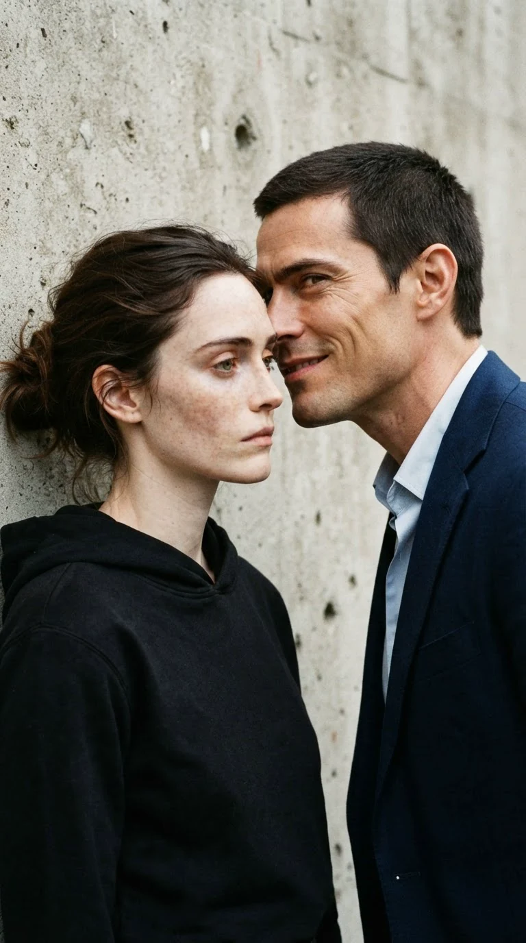 Gil leans in close with an ugly smile, whispering at Daphne.