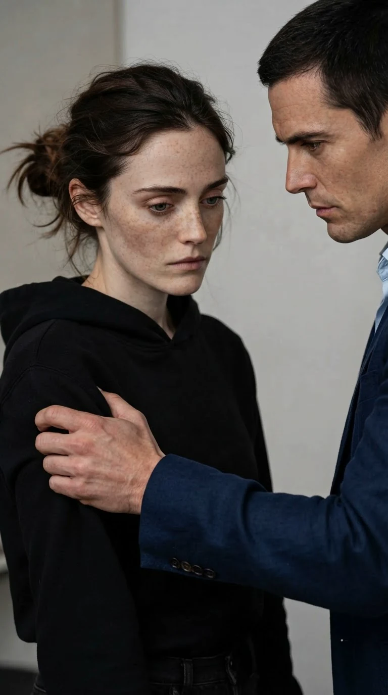 Daphne looks down at his hand on her arm, then up at him, calm.