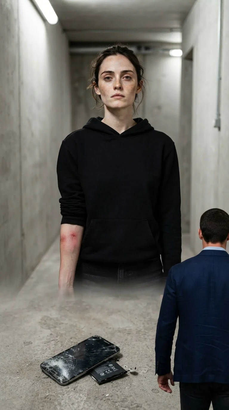 Daphne stands calm with her chin up, the cracked phone on the floor, Gil leaving.