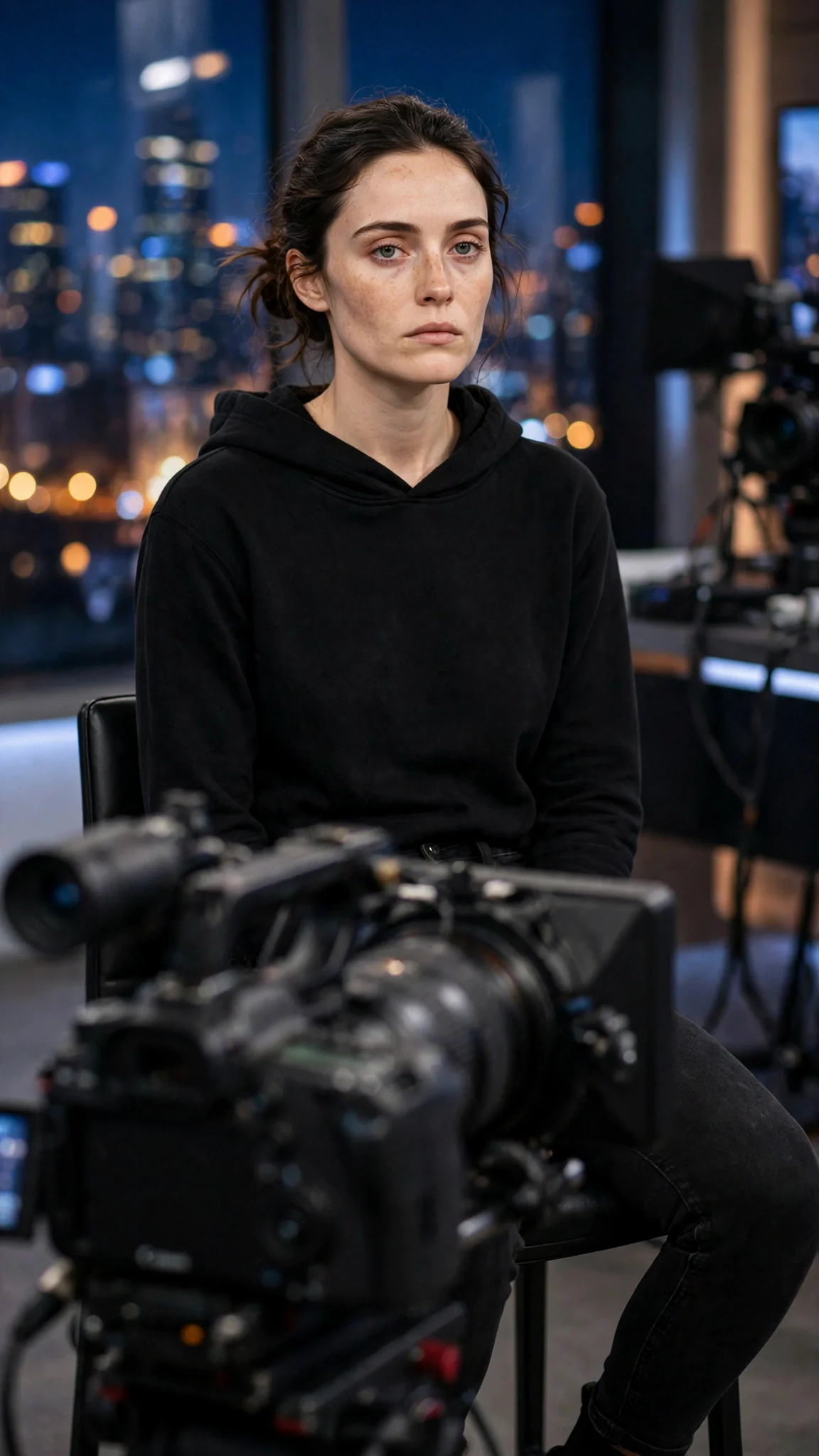 Daphne sits in a bright interview studio chair, tired gray eyes fixed on the camera.